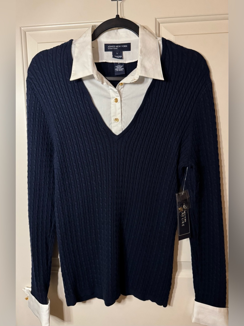Jones New York Sweater Navy V-Neck Cable Knit Sweater Size Large **NWT**